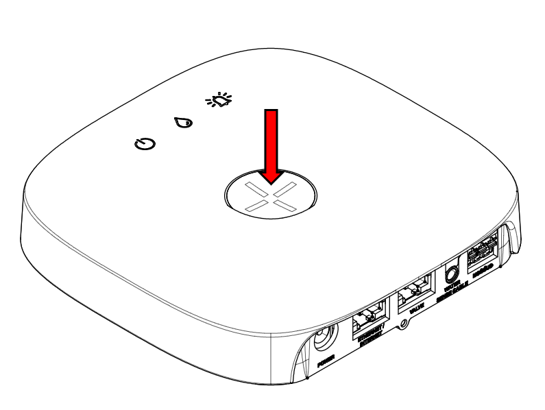 Linkbox+ sett ovenfra, med stor rund knapp og tre statussymboler